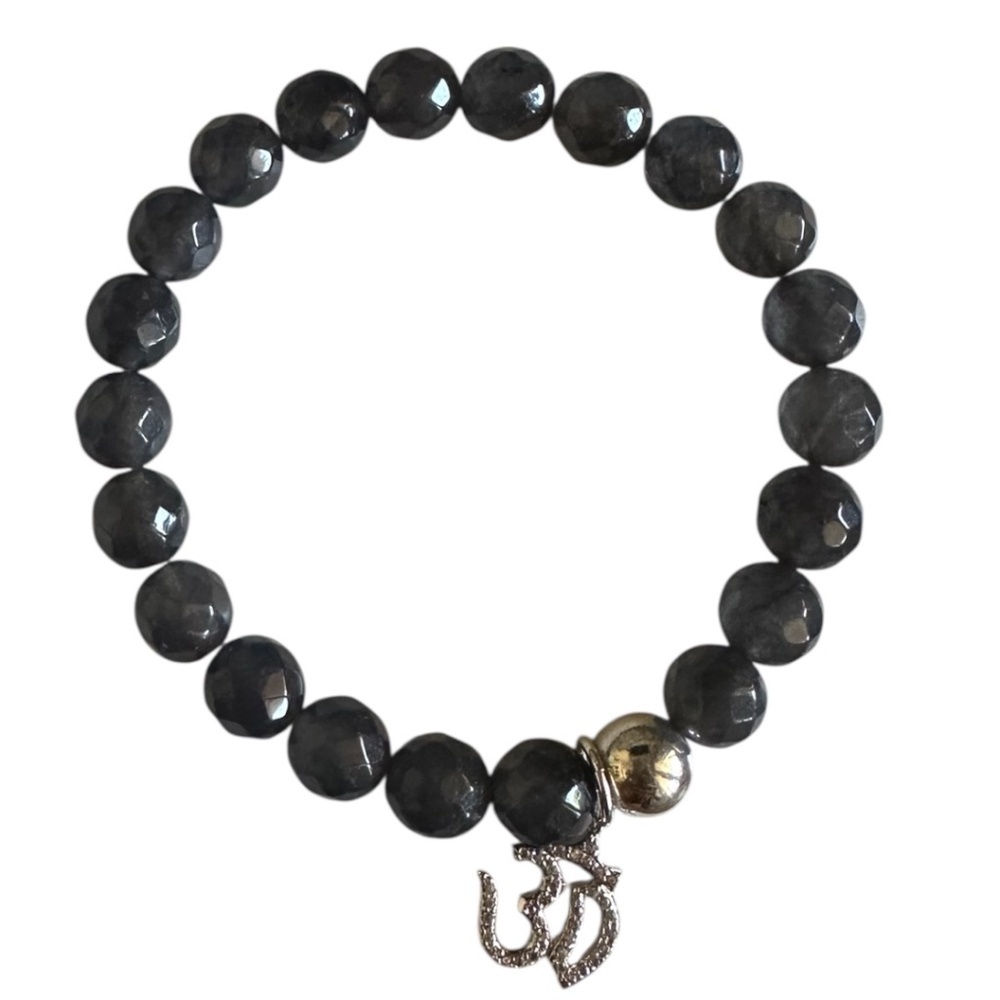 Classic 8mm Dark Smoke Jade Stretch Bracelet Pave Ohm Charm Silver 6–7” NEW